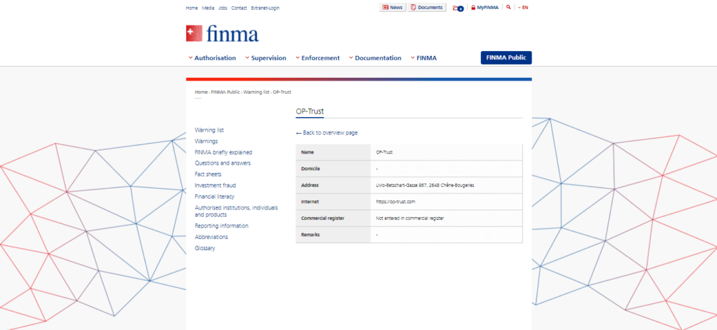 License and Regulation op-trust.com (warning from FINMA)