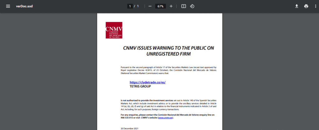 CNMV Warning Clyde Trade