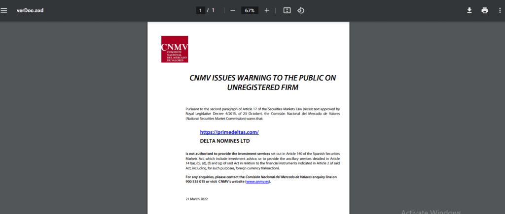 CNMV Warning Prime Deltas