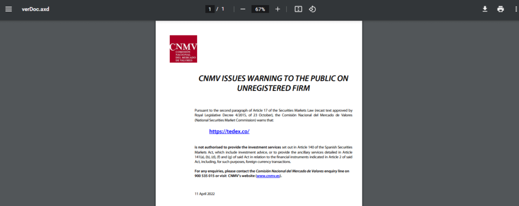 CNMV Warning Tedex.co