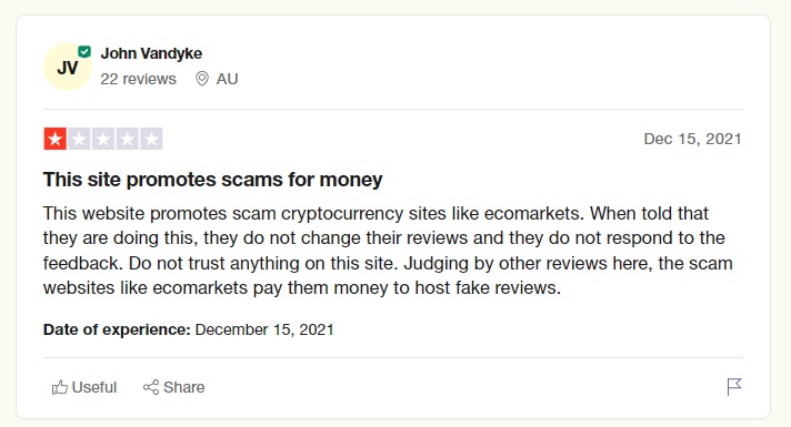 This website promotes scam cryptocurrency sites