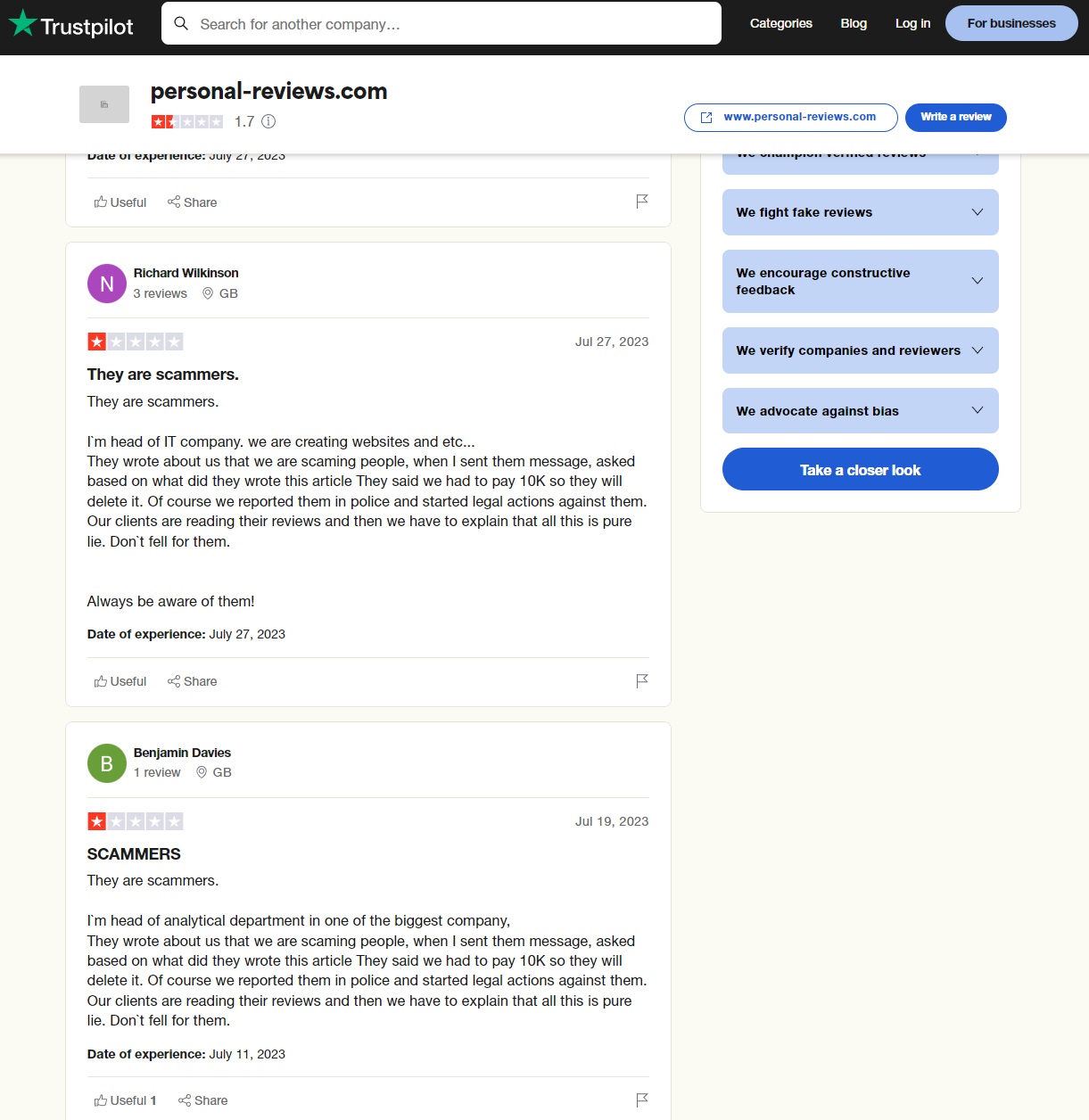 personal-reviews.com Trustpilot page